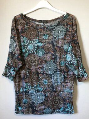 VTG Y2K QED LONDON Brown Blue Mandala Doily Lace Mesh Dolman Top M Whimsigoth